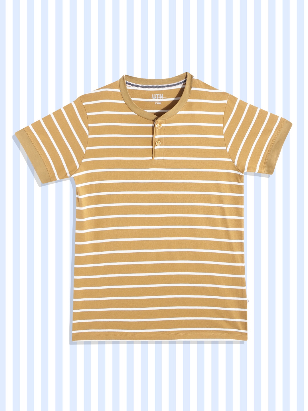 

UTH by Roadster Boys Beige & White Striped Henley Neck Cotton T-shirt