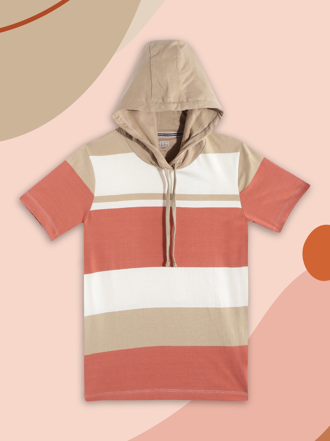 

UTH by Roadster Boys Off White & Beige Striped Hooded Pure Cotton T-shirt