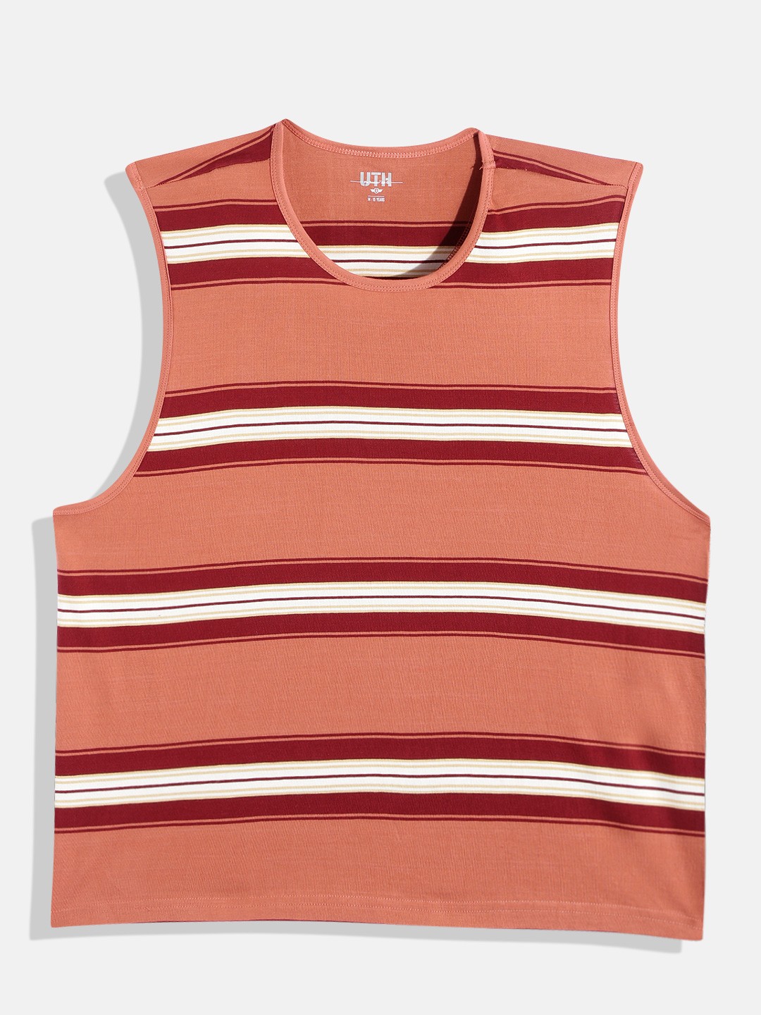 

UTH by Roadster Boys Peach-Coloured & Maroon Striped Pure Cotton T-shirt