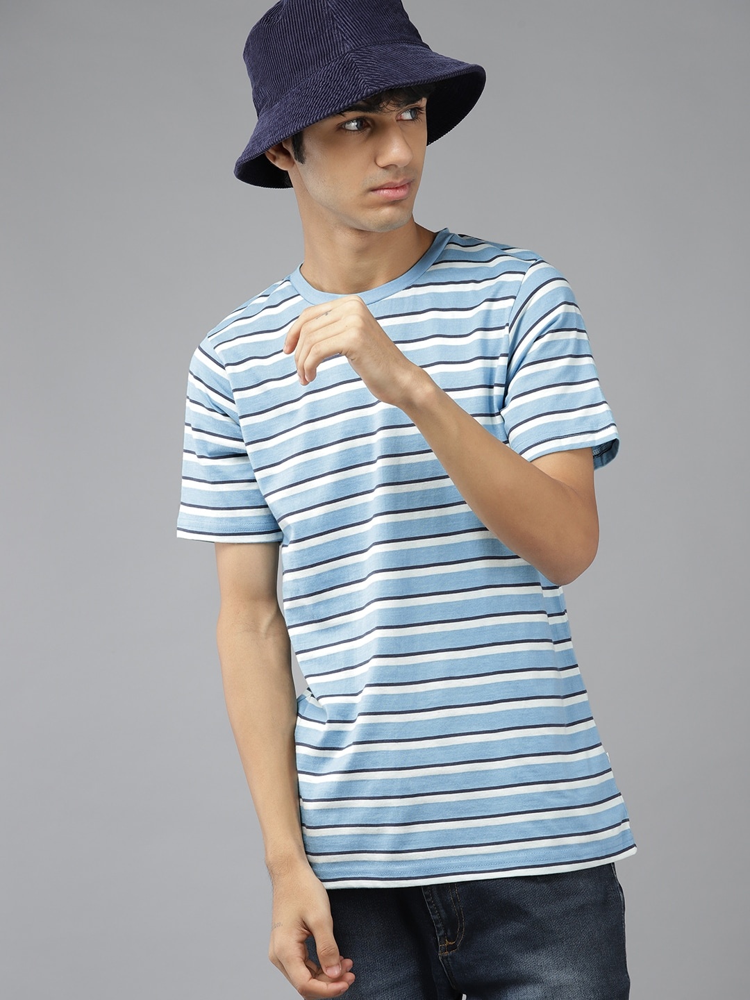 

UTH by Roadster Boys Blue & White Striped Pure Cotton T-shirt