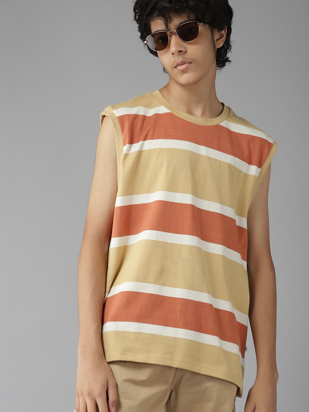 

UTH by Roadster Boys Camel Brown & Rust Orange Striped Pure Cotton T-shirt
