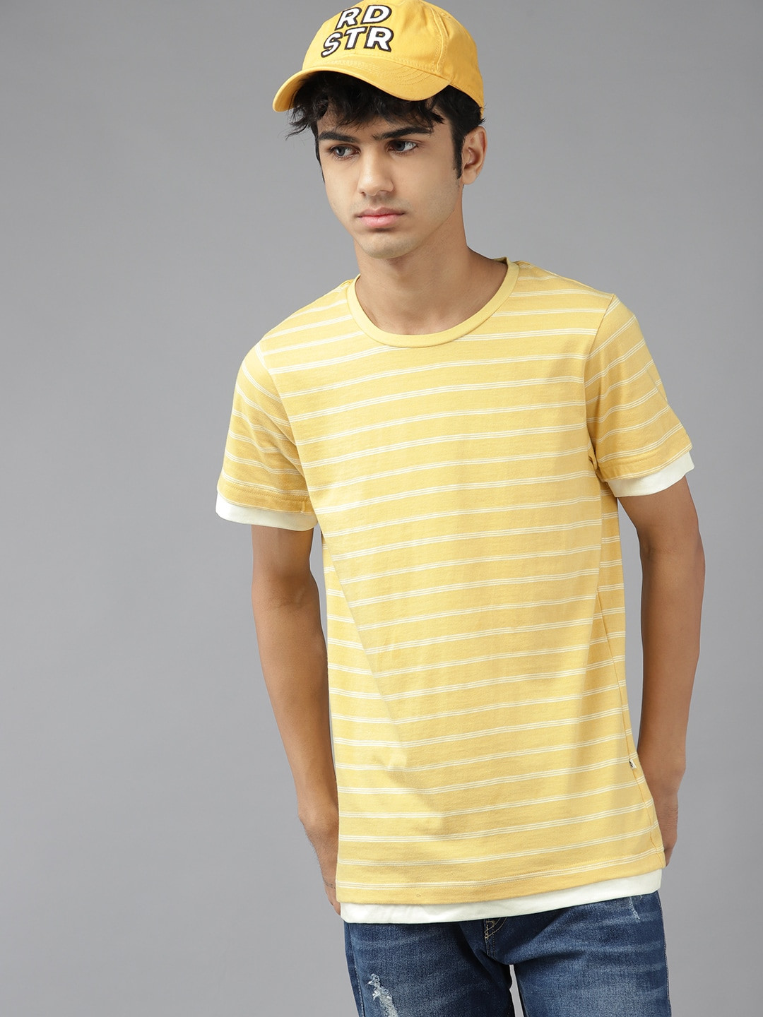 

UTH by Roadster Boys Yellow & White Striped Pure Cotton T-shirt