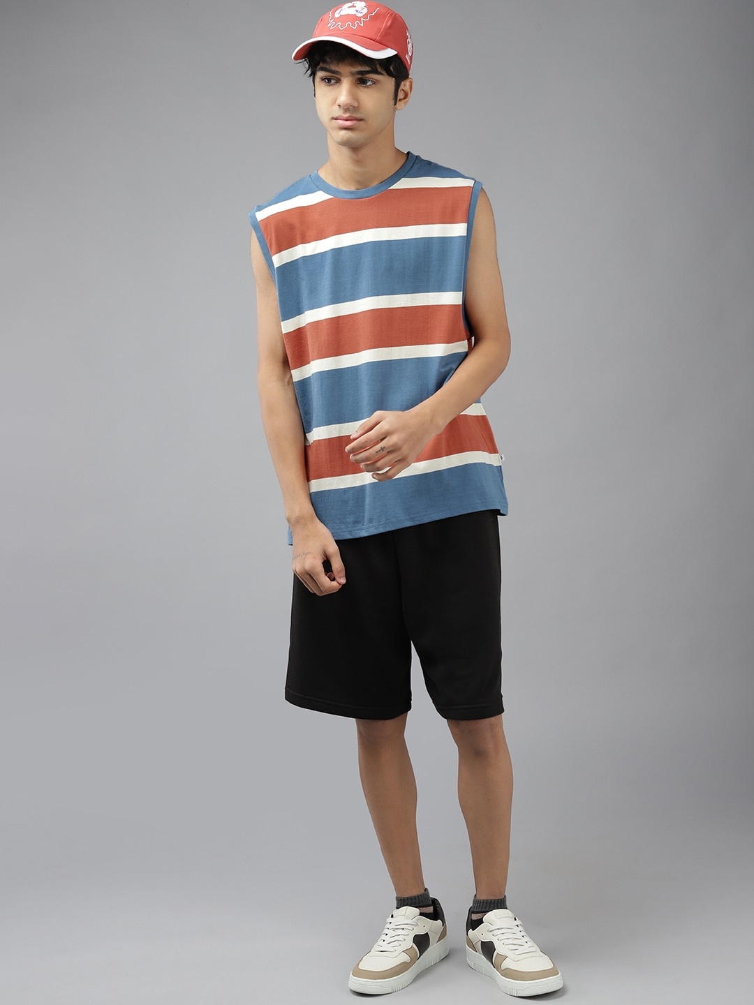 

UTH by Roadster Boys Blue & Rust Orange Striped Pure Cotton T-shirt