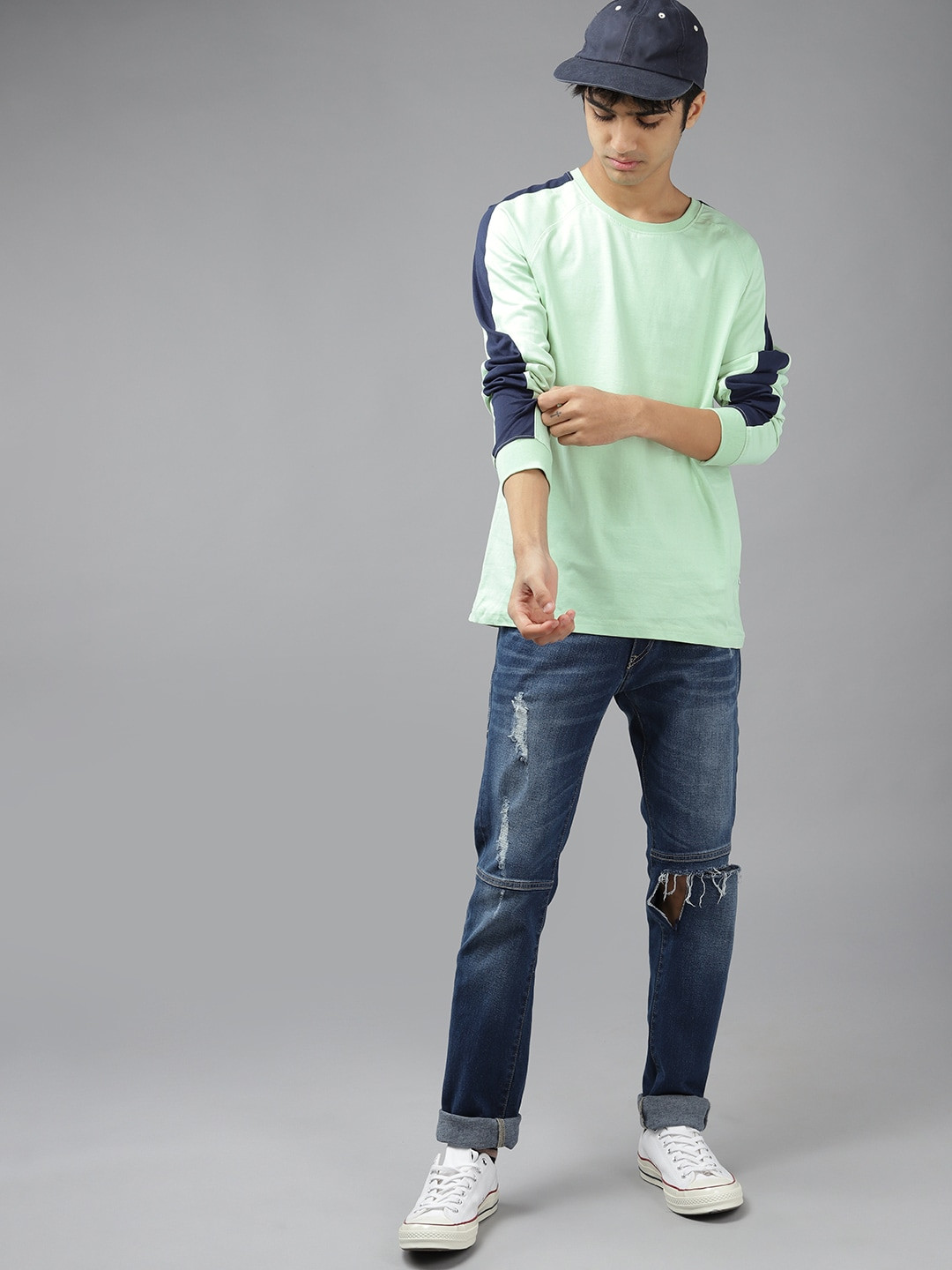 

UTH by Roadster Boys Sage Green Solid Pure Cotton T-shirt