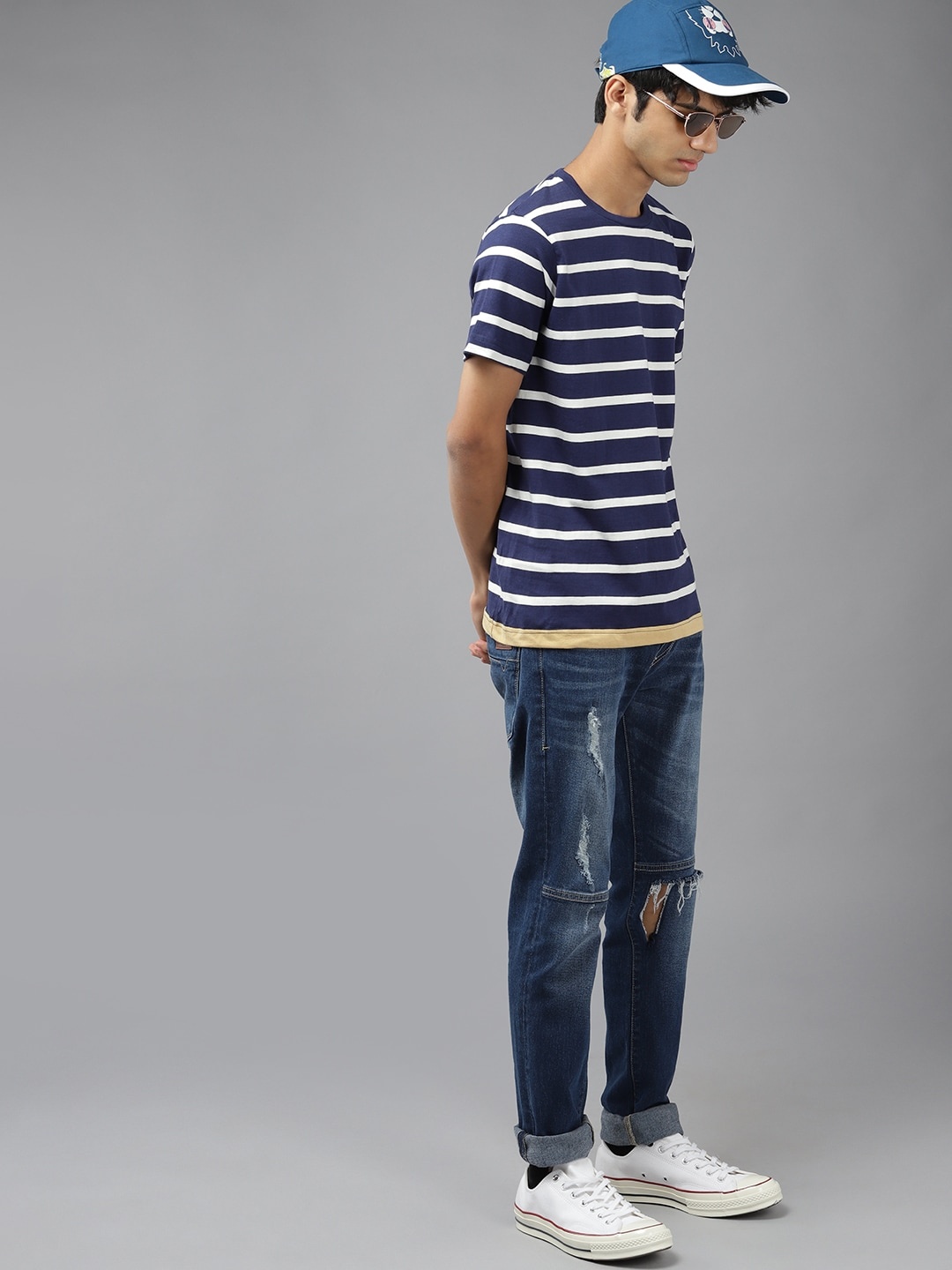 

UTH by Roadster Boys Navy Blue & White Striped Pure Cotton T-shirt