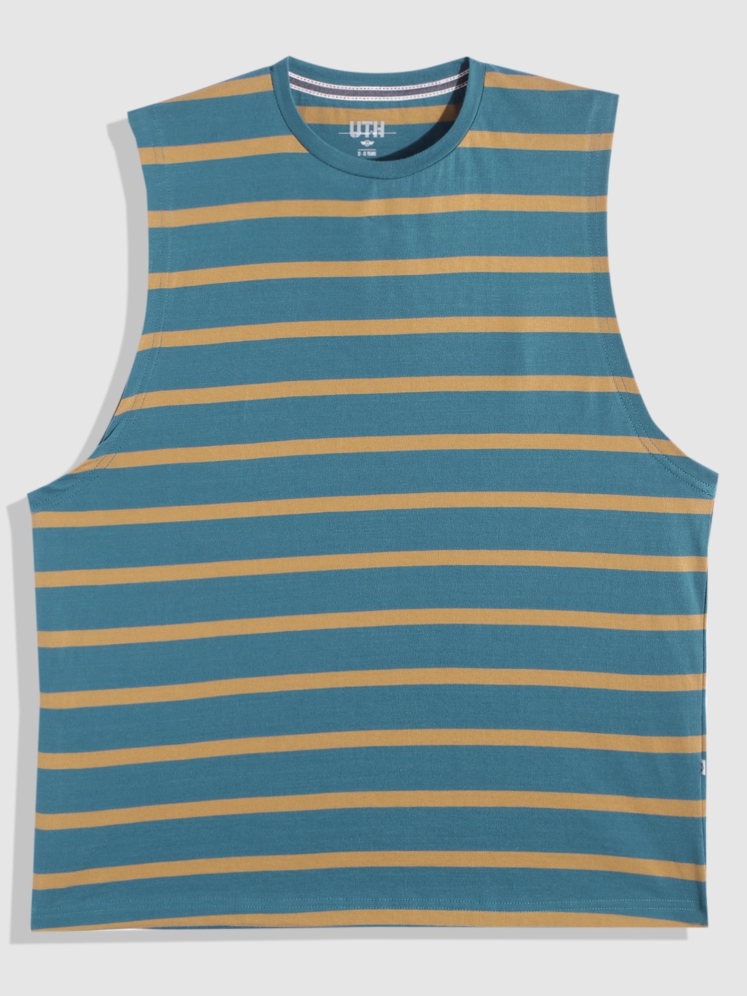 

UTH by Roadster Boys Blue & Mustard Yellow Striped Pure Cotton T-shirt