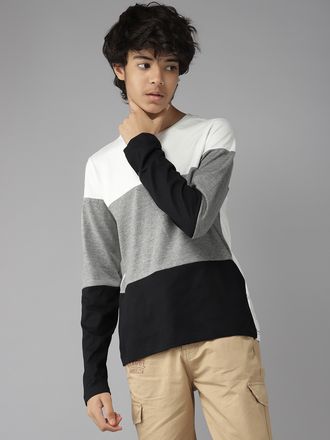 

UTH by Roadster Boys White & Grey Melange Colourblocked Pure Cotton T-shirt