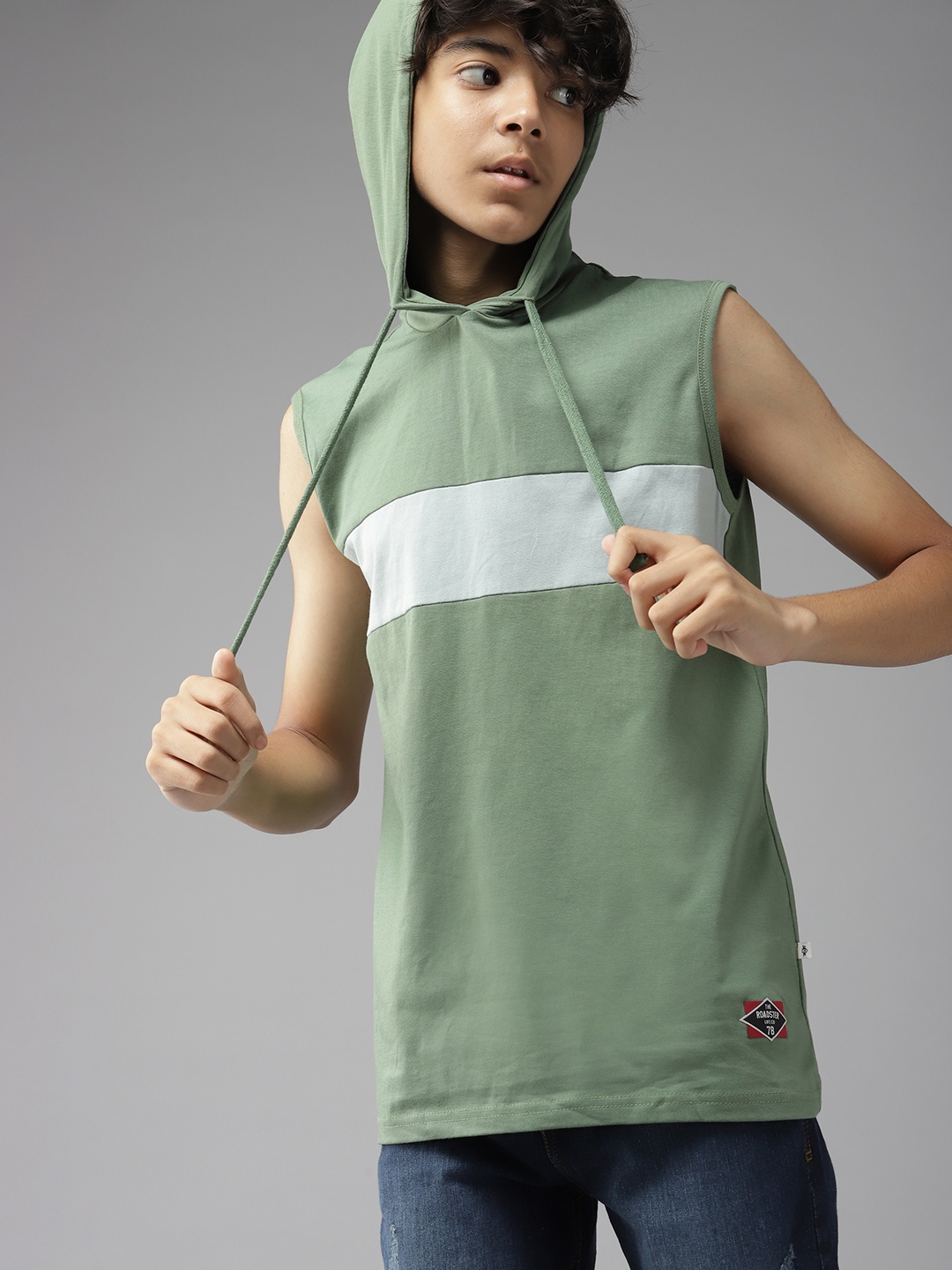 

UTH by Roadster Boys Olive Green & Blue Striped Hooded Cotton T-shirt