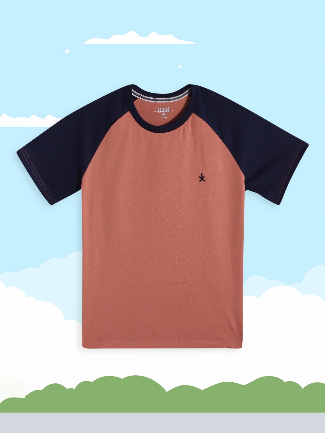 

UTH by Roadster Boys Coral Orange & Navy Blue Pure Cotton T-shirt