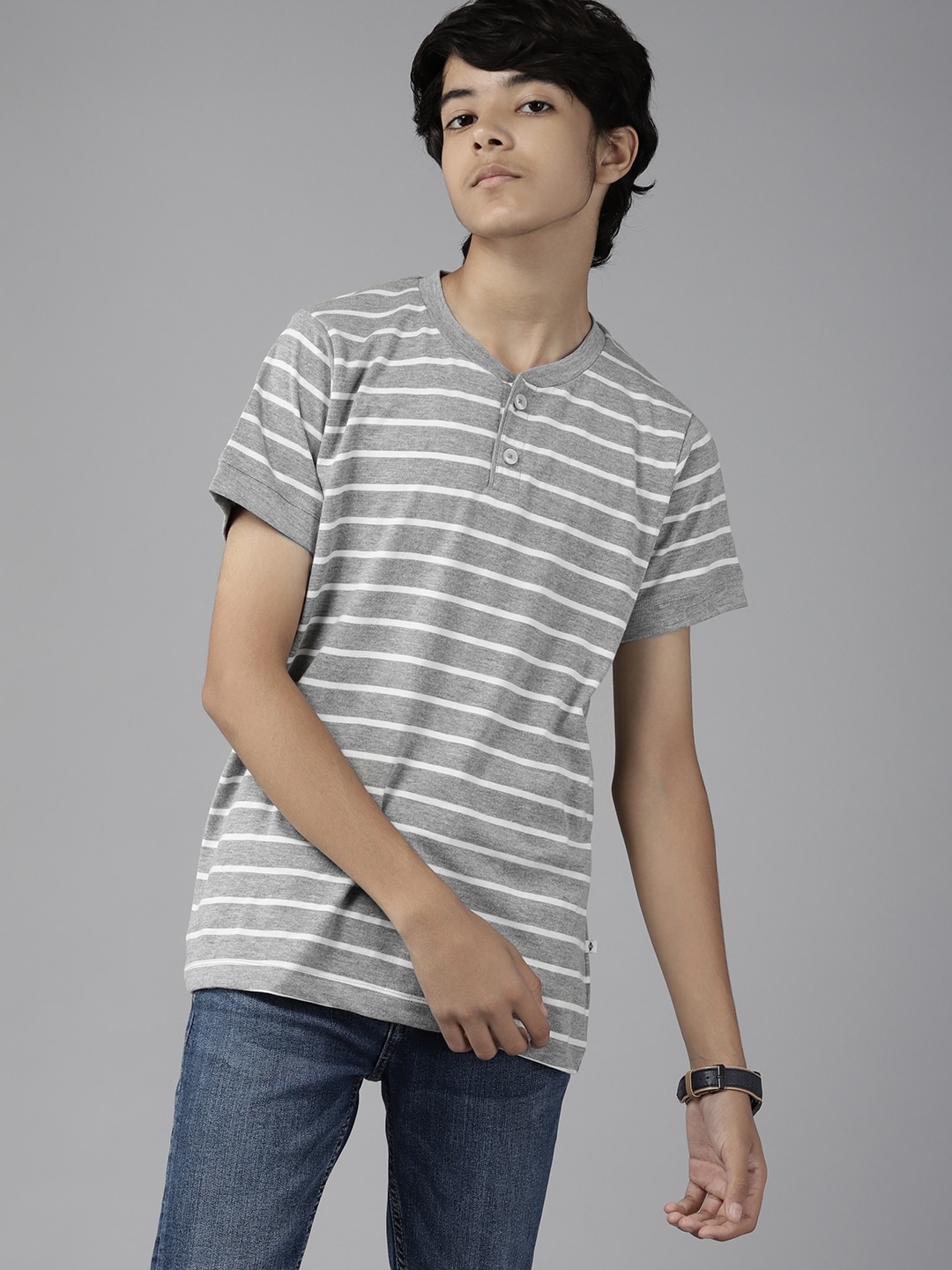 

UTH by Roadster Boys Grey Melange & White Striped Pure Cotton T-shirt