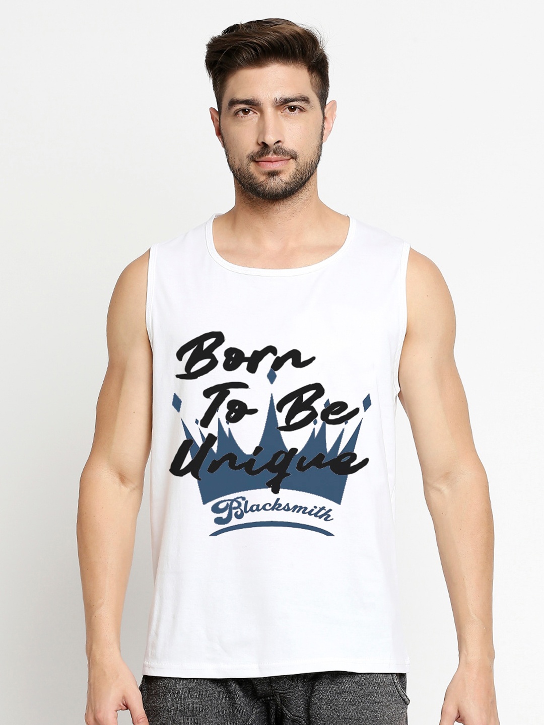

Blacksmith Men White & Black Typography Printed Training or Gym Cotton T-shirt