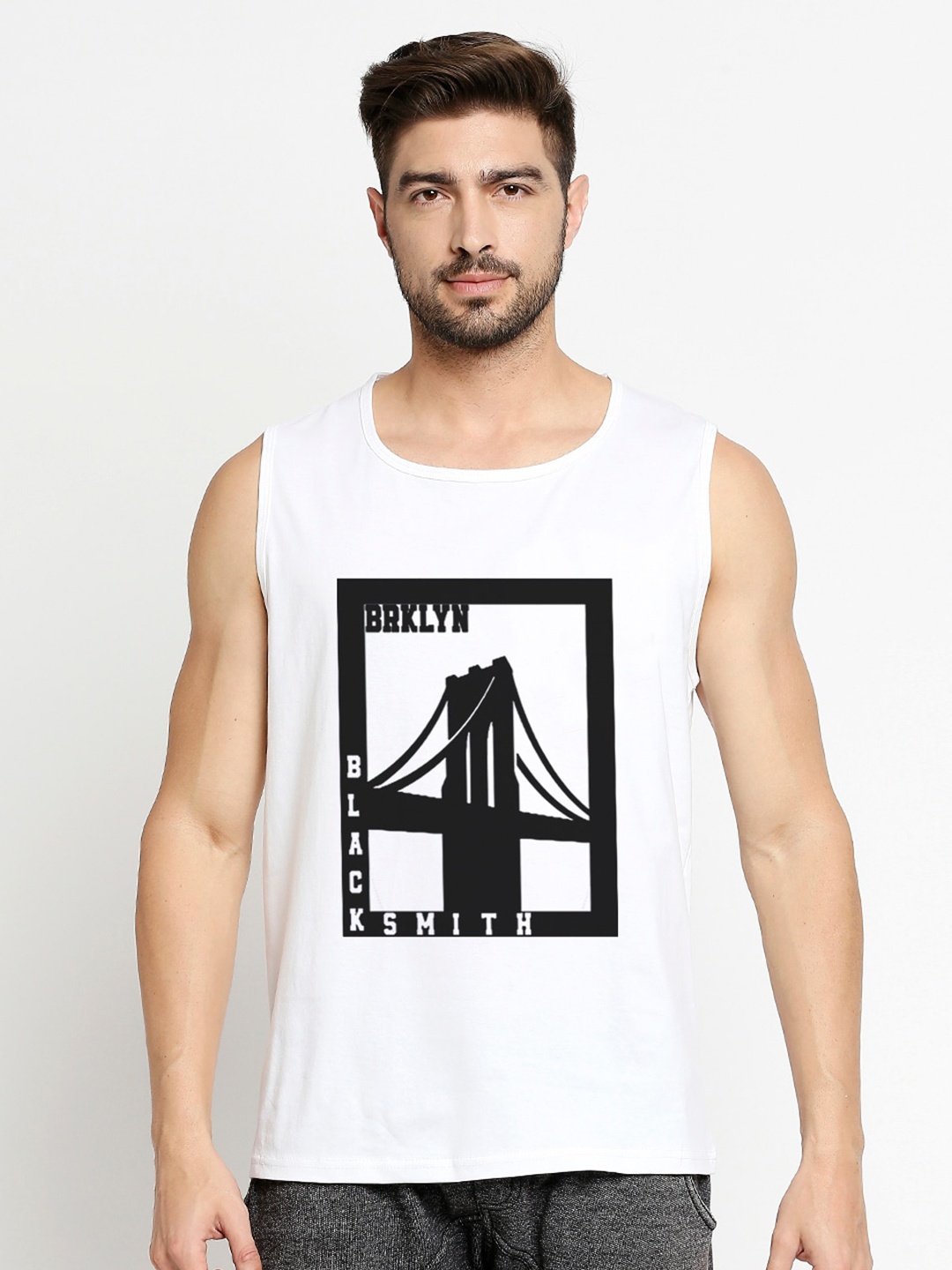 

Blacksmith Men White & Black Printed Training or Gym Pure Cotton T-shirt
