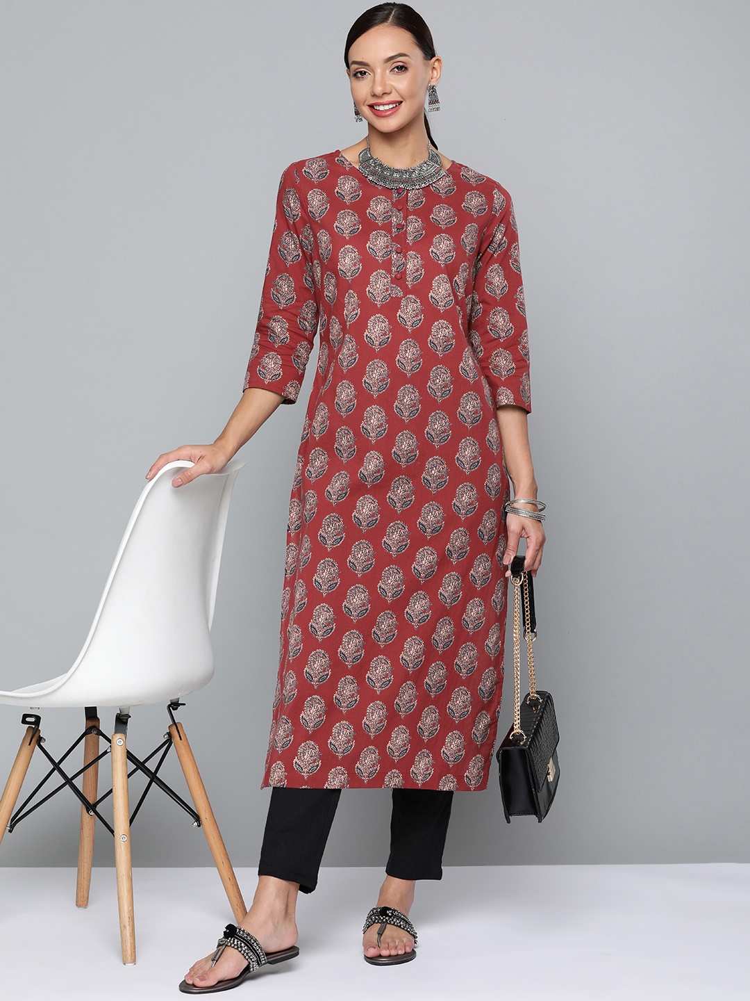 

HERE&NOW Women Maroon Pure Cotton Ethnic Motifs Printed Kurta