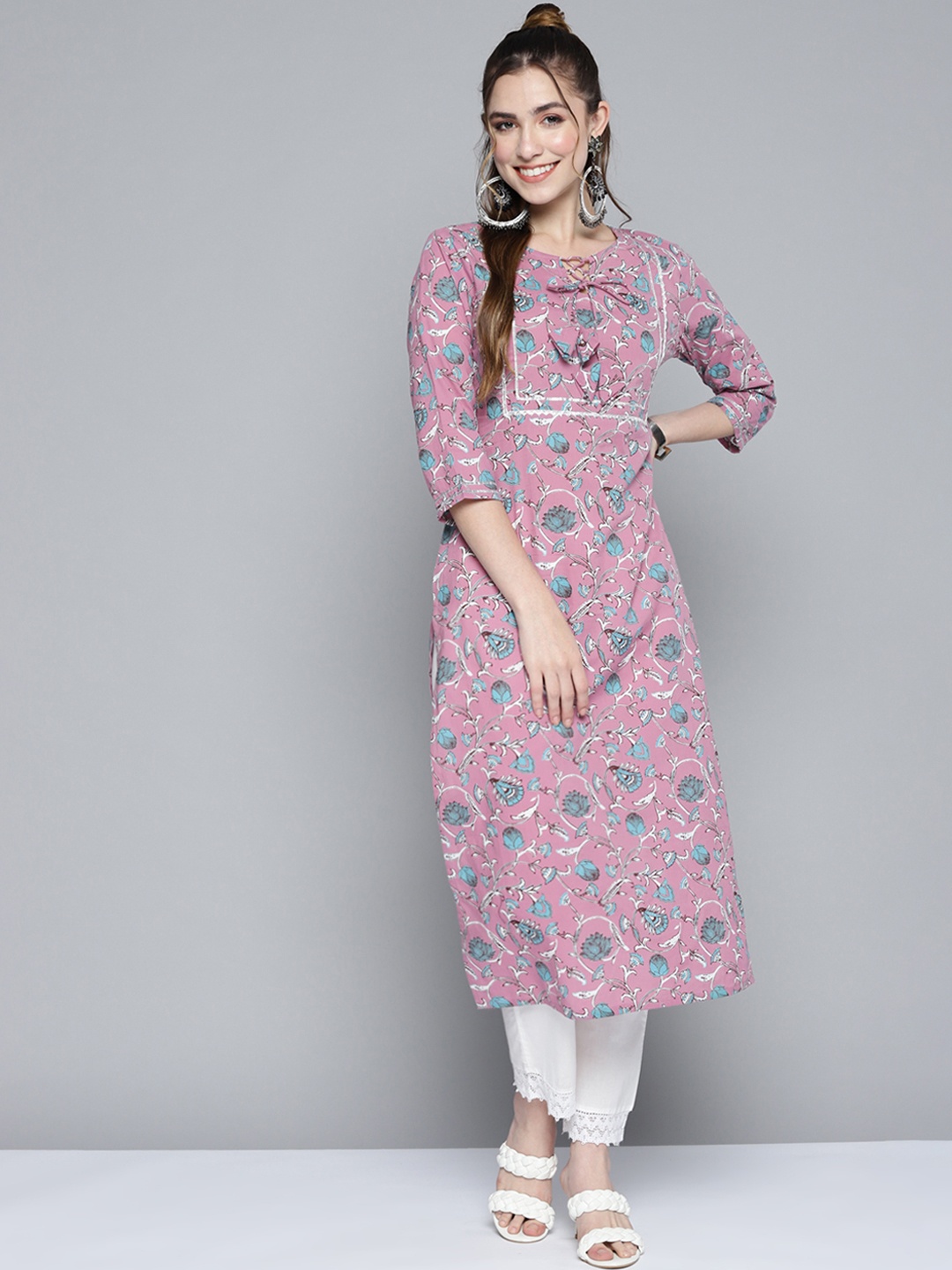 

HERE&NOW Women Mauve & Sea Green Pure Cotton Ethnic Motifs Printed Kurta