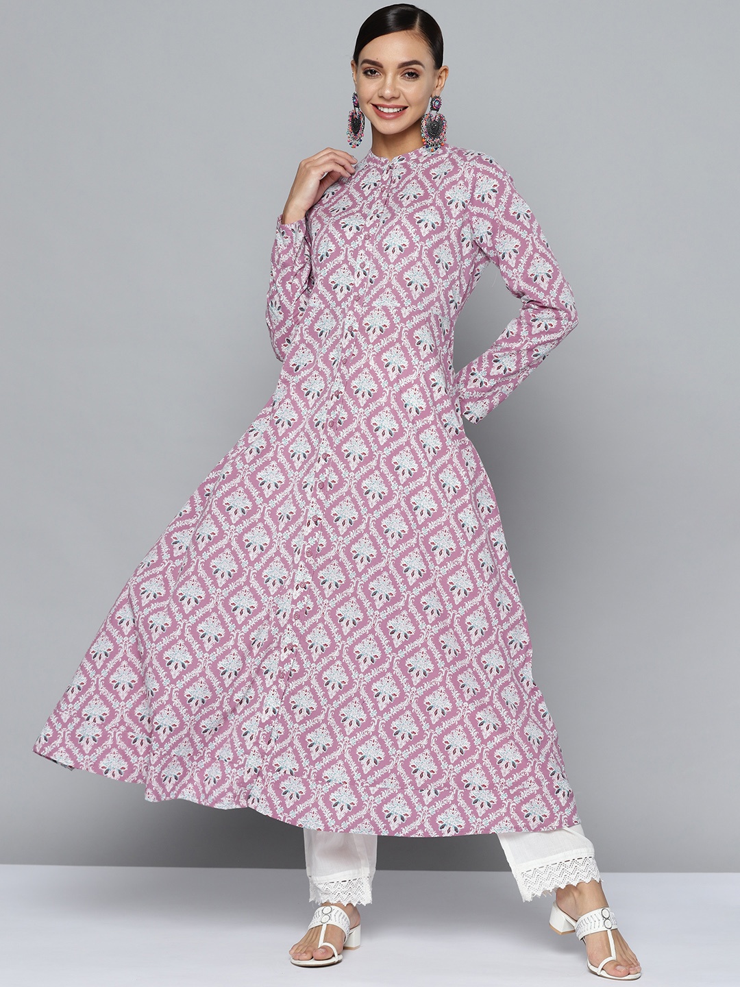 

HERE&NOW Women Lavender & White Ethnic Motifs Printed Cotton Kurta