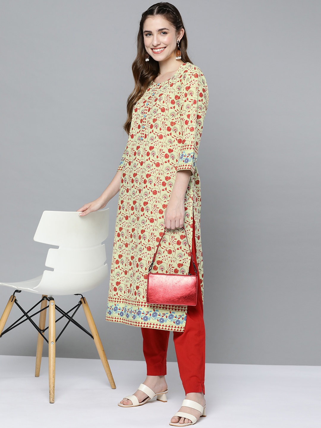 

HERE&NOW Women Green & Maroon Pure Cotton Ethnic Motifs Printed Straight Kurta