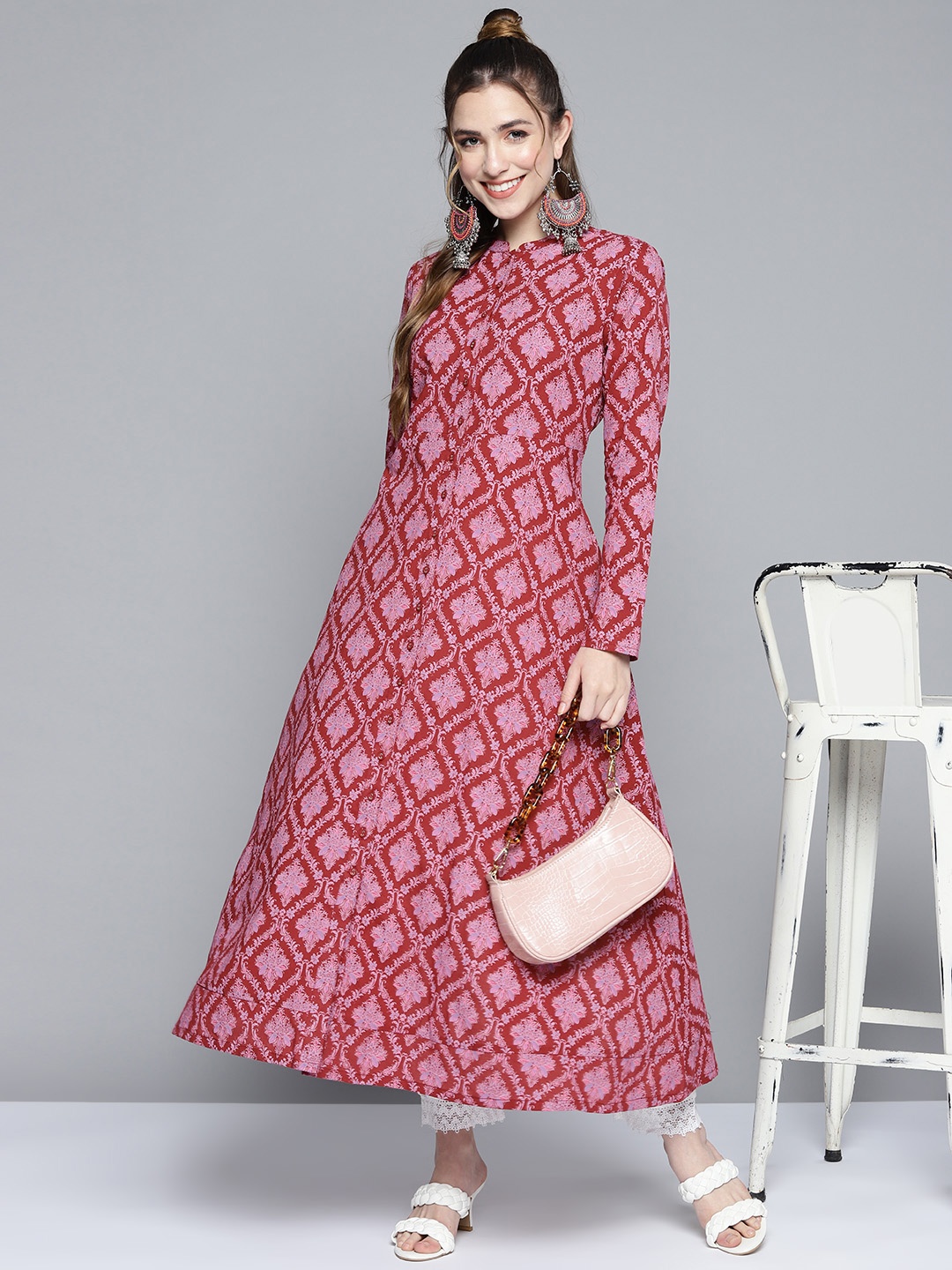

HERE&NOW Women Maroon & Pink Pure Cotton Ethnic Motifs Printed Kurta