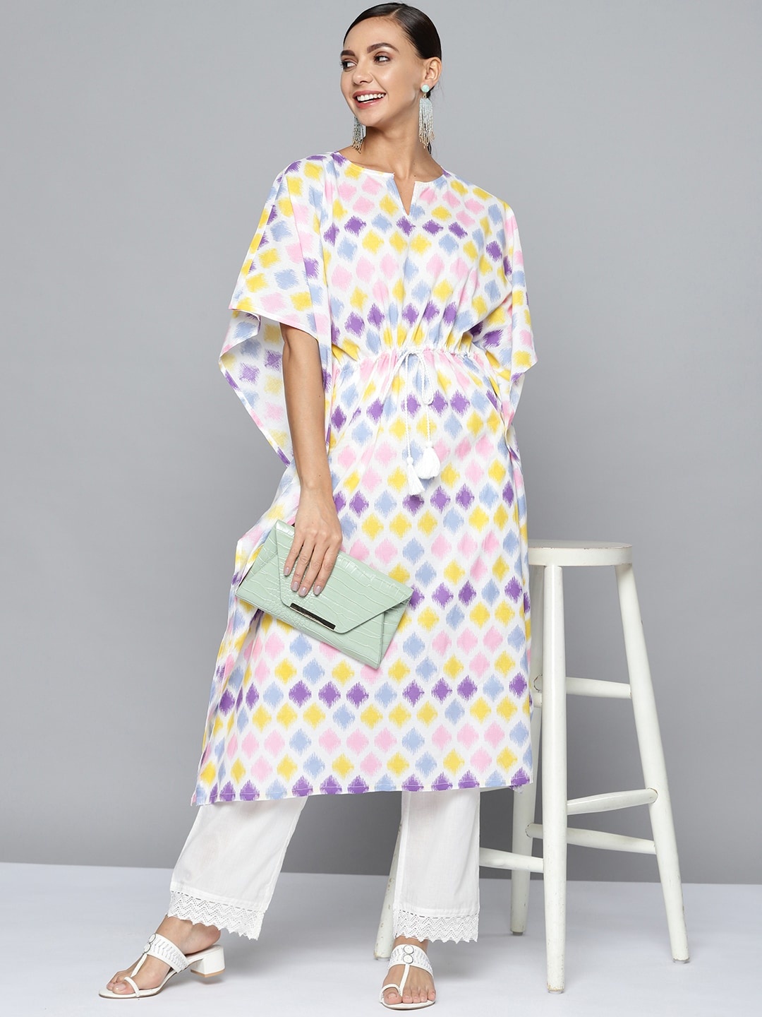 

HERE&NOW Women White & Purple Printed Kimono Sleeves Kaftan Kurta