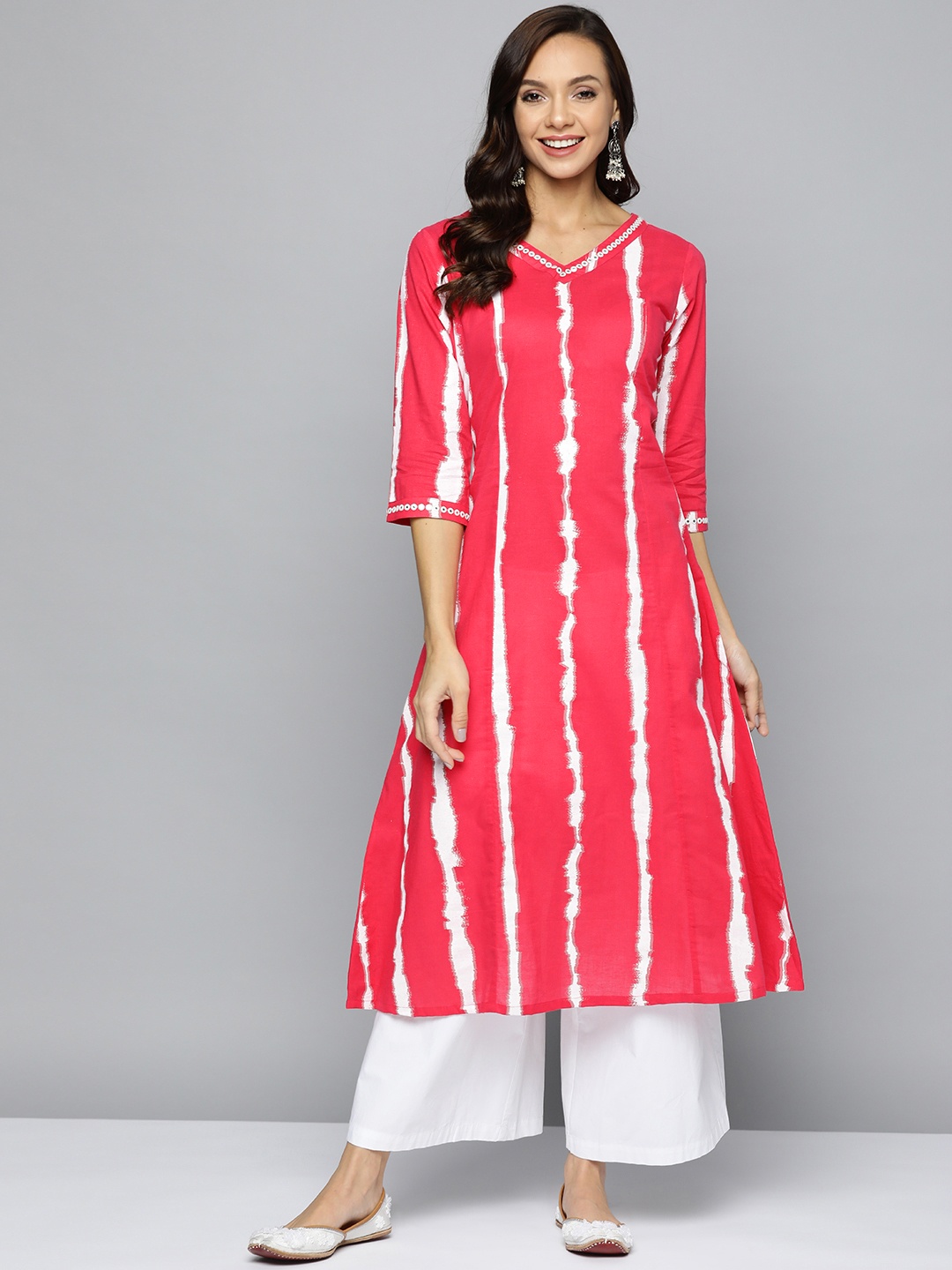 

HERE&NOW Women Magenta & White Striped Embroidered Mirror Work A-Line Kurta