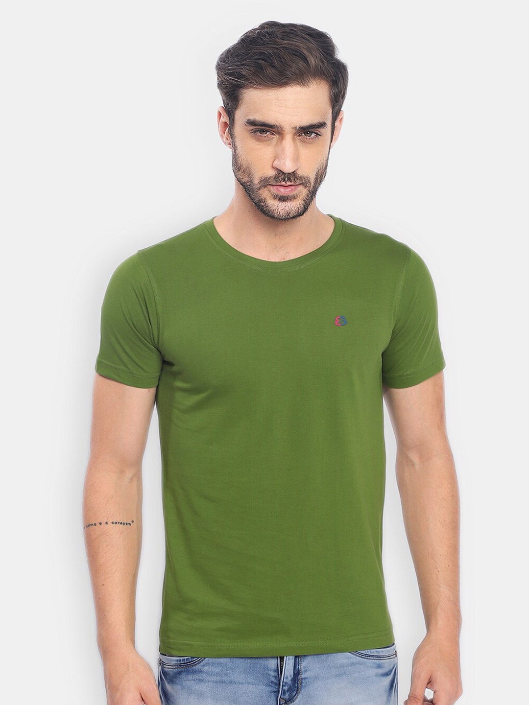 

berry blues Men Olive Green Round Neck Cotton T shirt