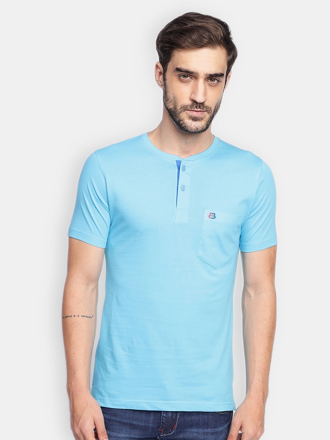 

berry blues Men Solid Cotton Henley Neck T-shirt, Turquoise blue