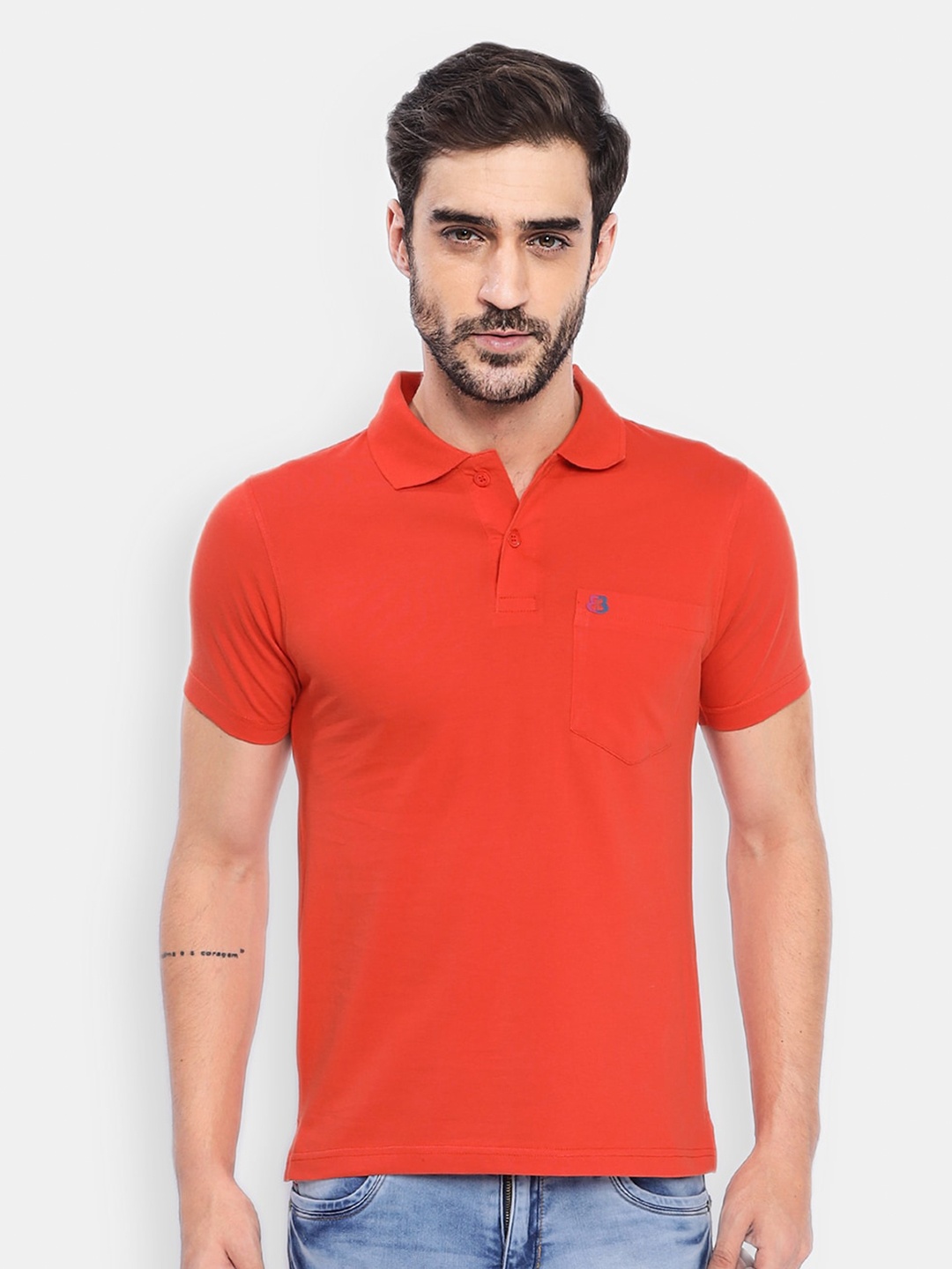 

berry blues Men Orange Polo Collar Cotton T-shirt