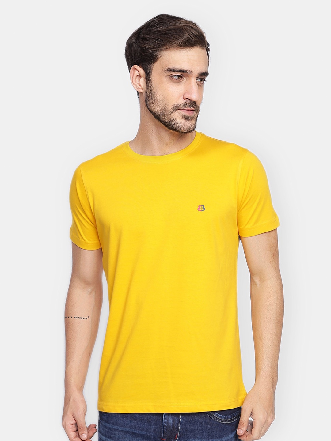 

berry blues Men Solid Cotton T-shirt, Yellow