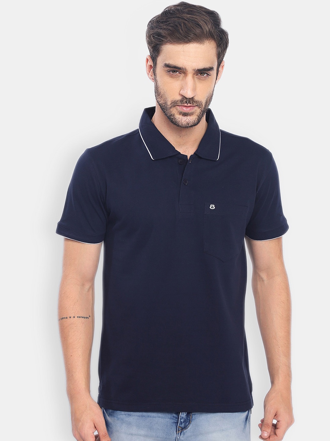 

berry blues Men Navy Blue Polo Collar Cotton T-shirt