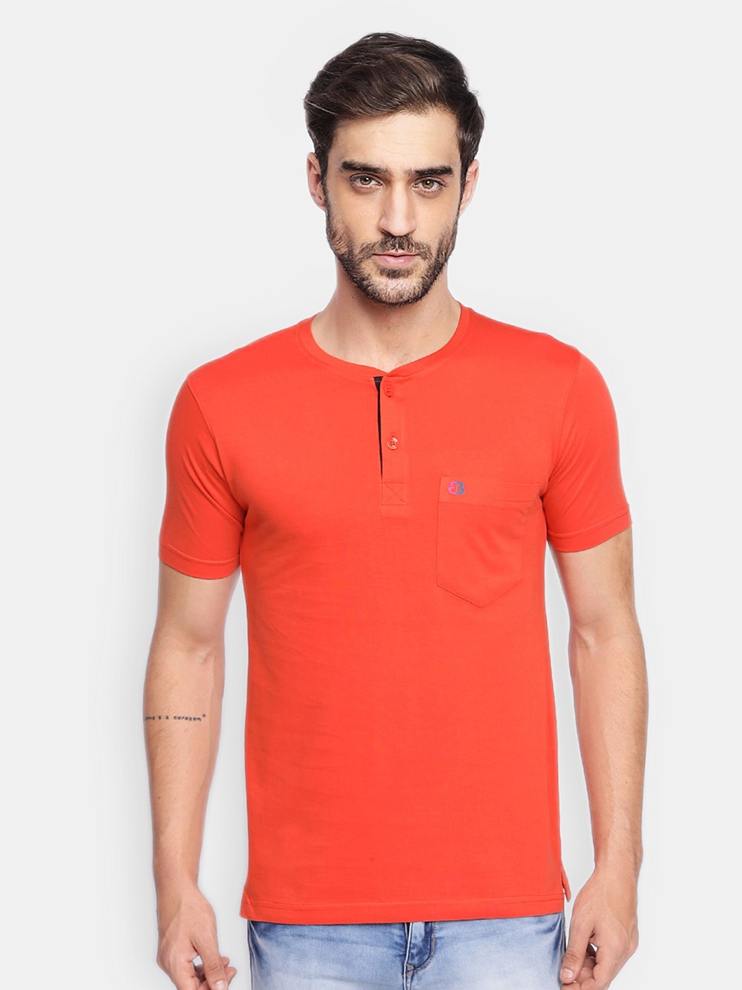 

berry blues Men Rust Henley Neck Cotton T-shirt