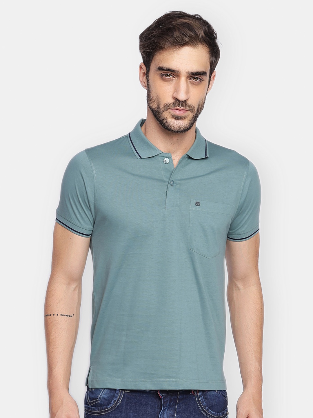 

berry blues Men Sage Green Polo Collar Cotton T-shirt