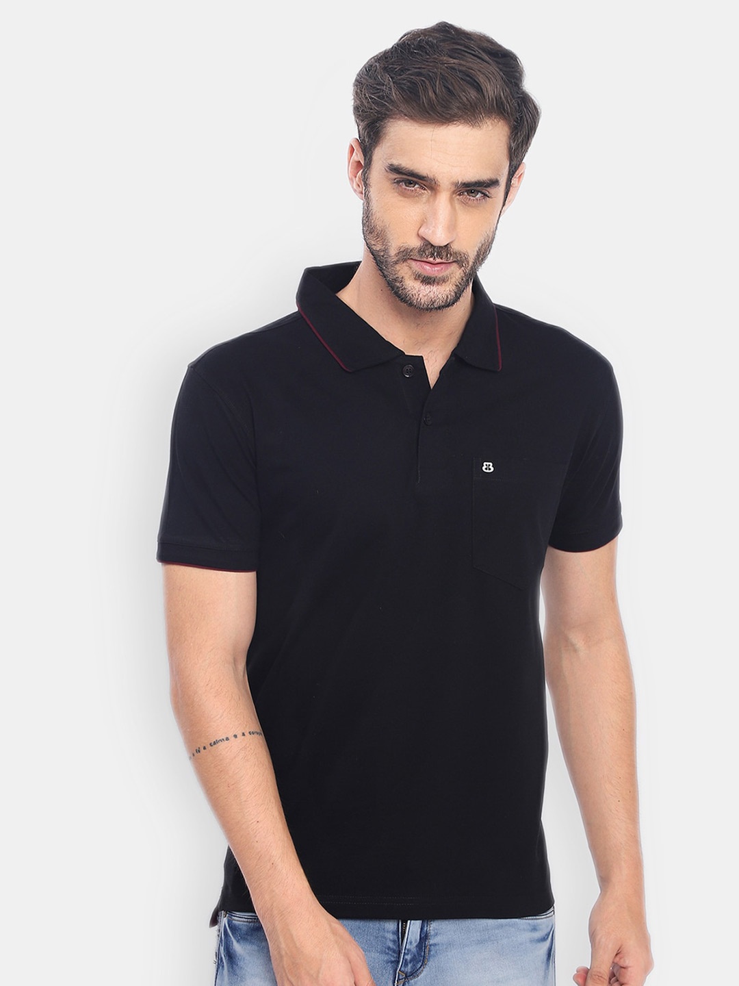 

berry blues Men Solid Polo Collar Cotton T-shirt, Black