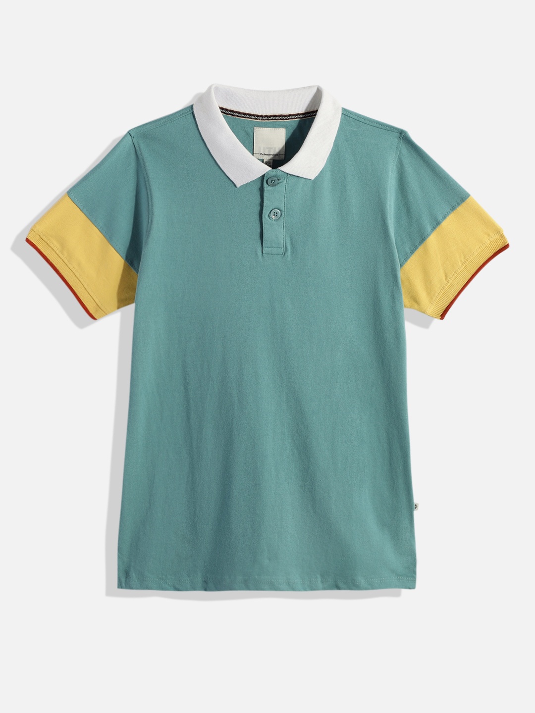 

UTH by Roadster Teen Boys Turquoise Blue & Yellow Solid Pure Cotton T-shirt