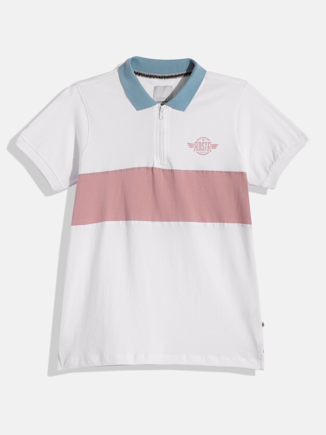 

UTH by Roadster Boys White & Pink Colourblocked Pue Cotton Polo Collar T-shirt