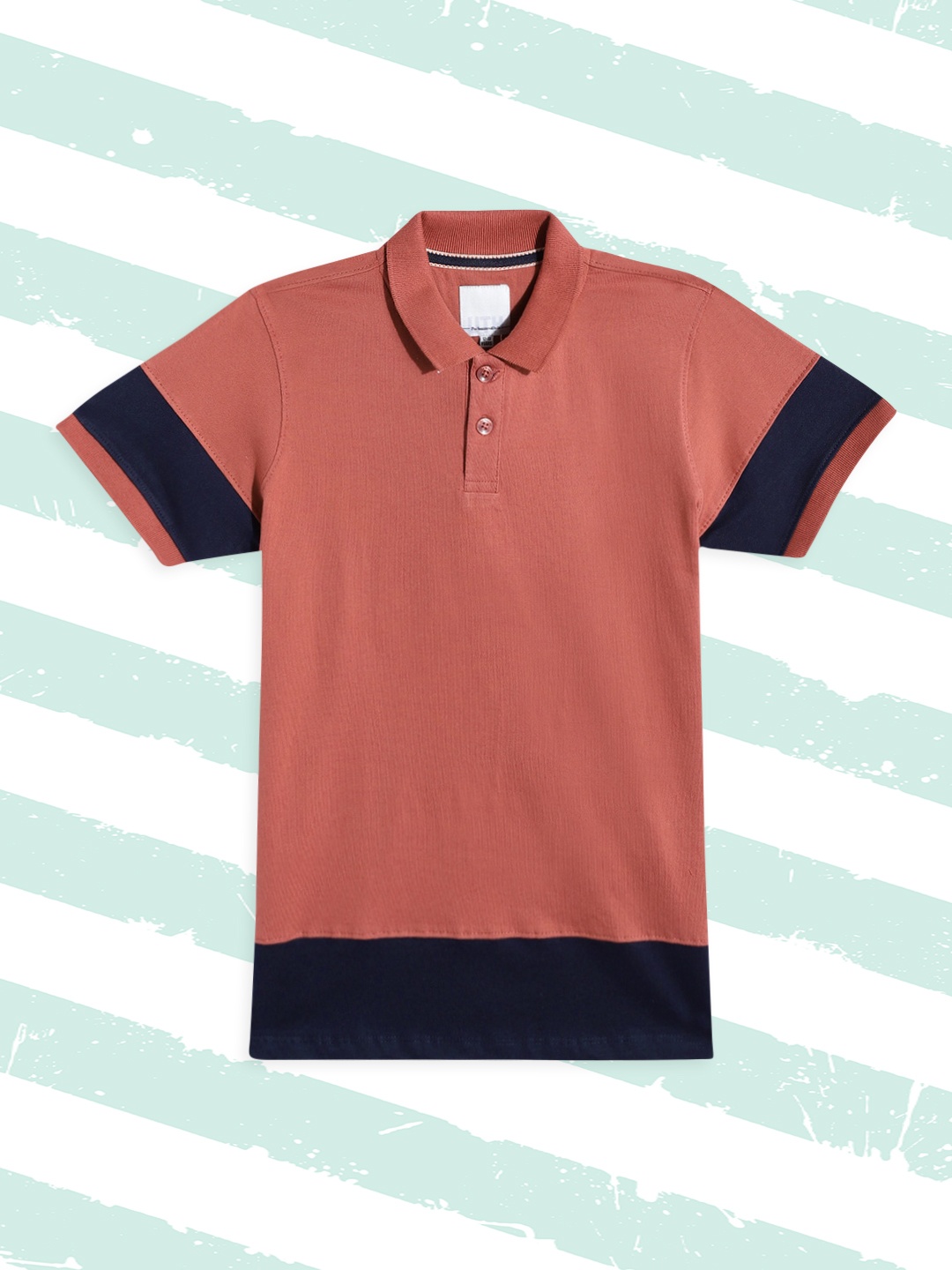 

UTH by Roadster Boys Rust Orange & Navy Blue Solid Cotton Polo Collar T-shirt