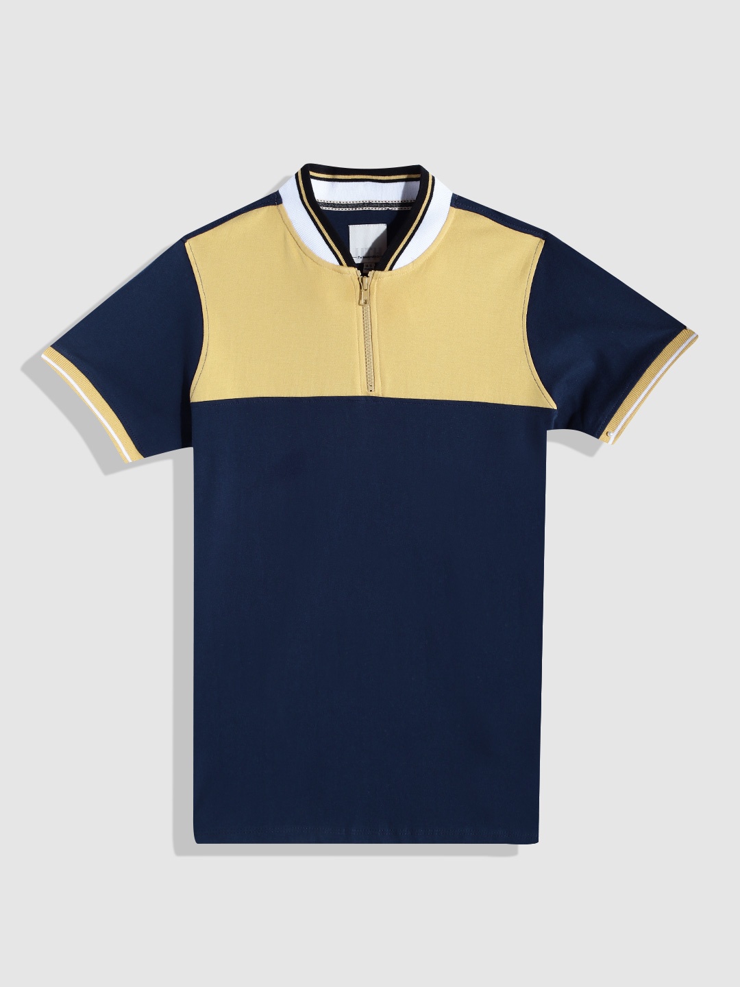 

UTH by Roadster Boys Navy Blue & Yellow Pure Cotton Colourblocked Polo Collar T-shirt