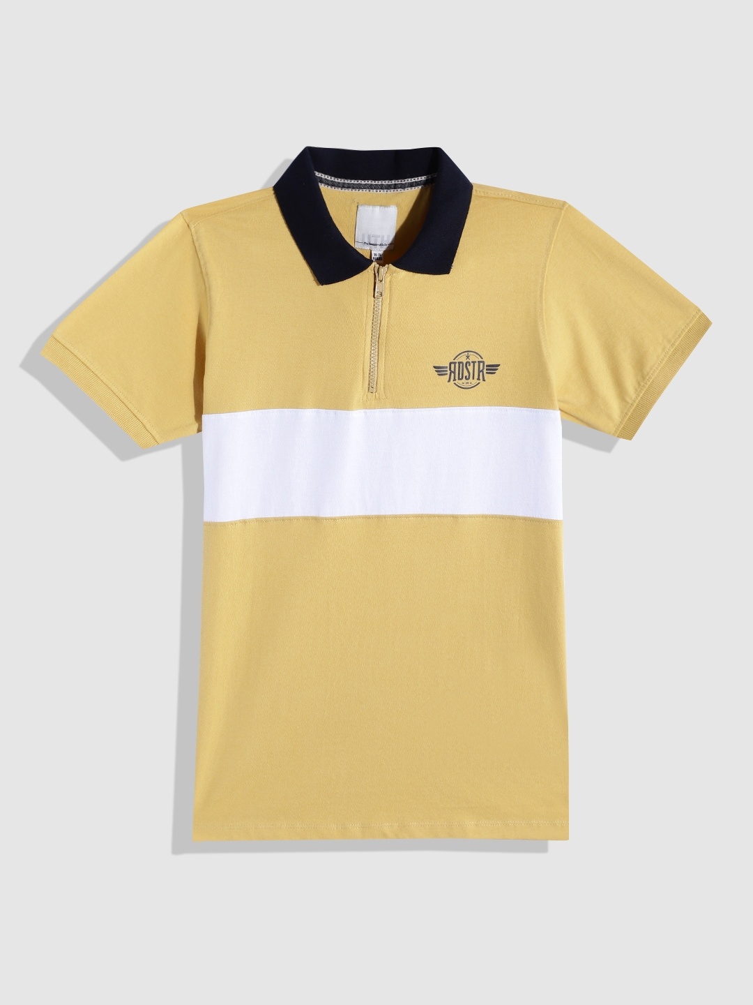 

UTH by Roadster Boys Yellow & White Pure Cotton Striped Polo Collar T-shirt