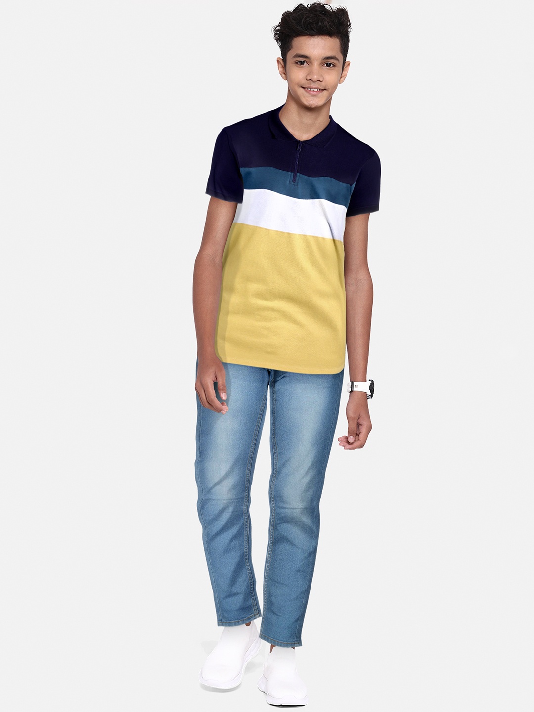 

UTH by Roadster Boys Navy Blue & Yellow Pure Cotton Striped Polo Collar T-shirt