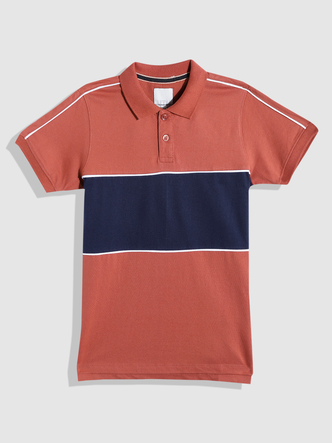 

UTH by Roadster Boys Rust Orange & Navy Blue Colourblocked Cotton Polo Collar T-shirt