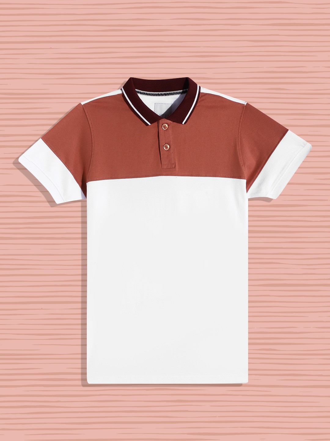 

UTH by Roadster Boys White & Rust Pure Cotton Colourblocked Polo Collar T-shirt