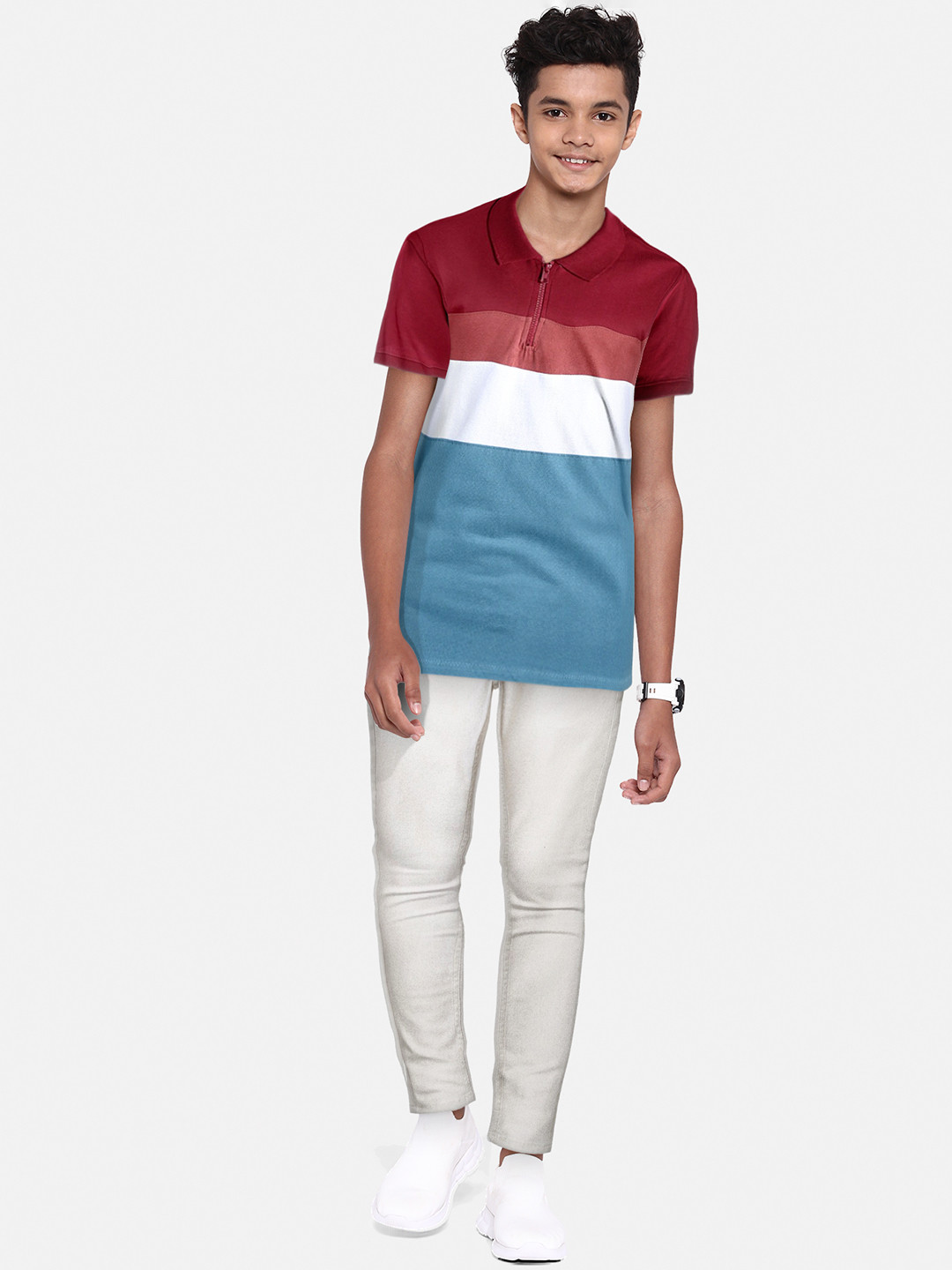 

UTH by Roadster Boys Red & Blue Pure Cotton Striped Polo Collar T-shirt