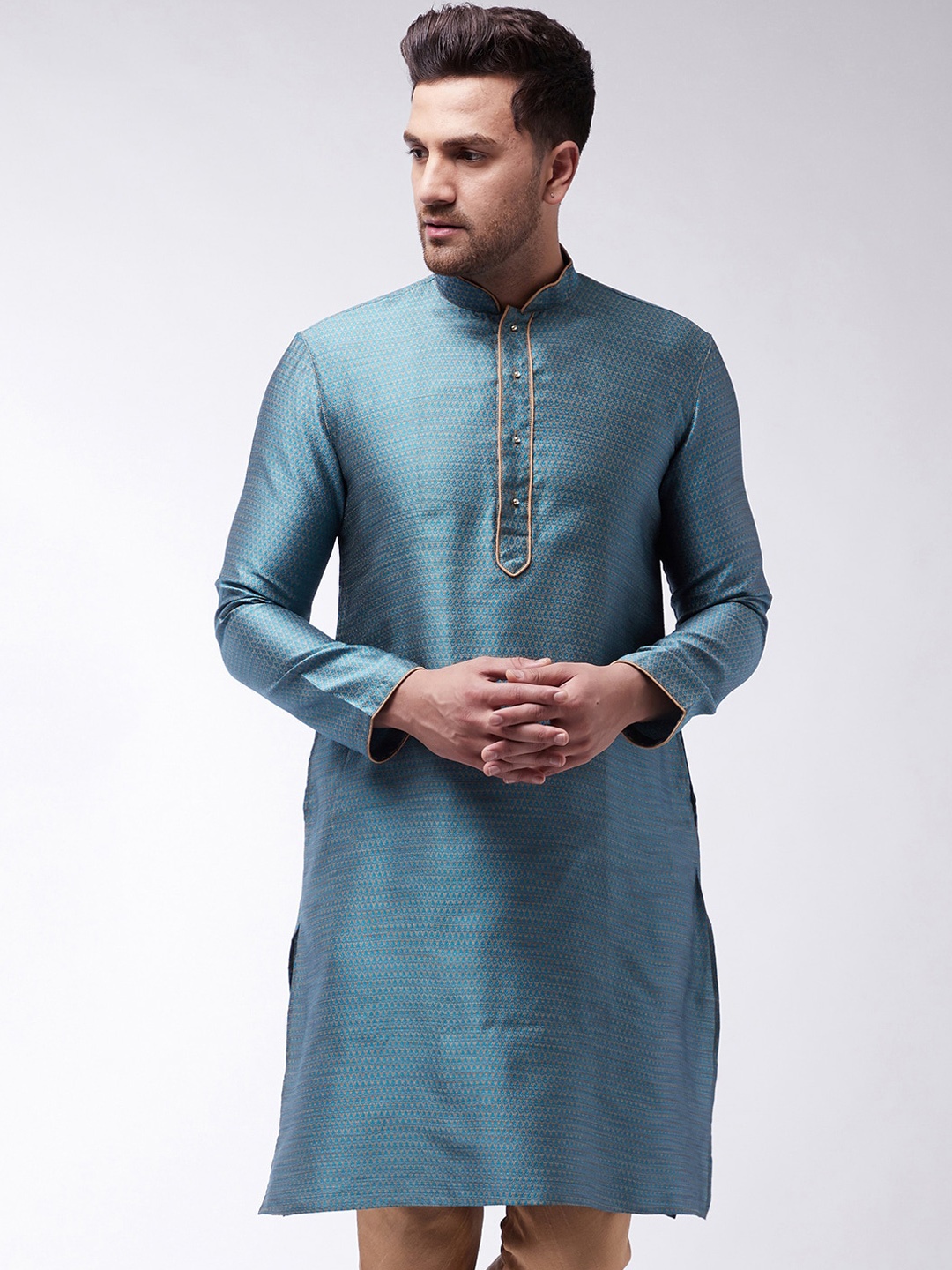 

VASTRAMAY Men Blue Woven design Jacquard Kurta