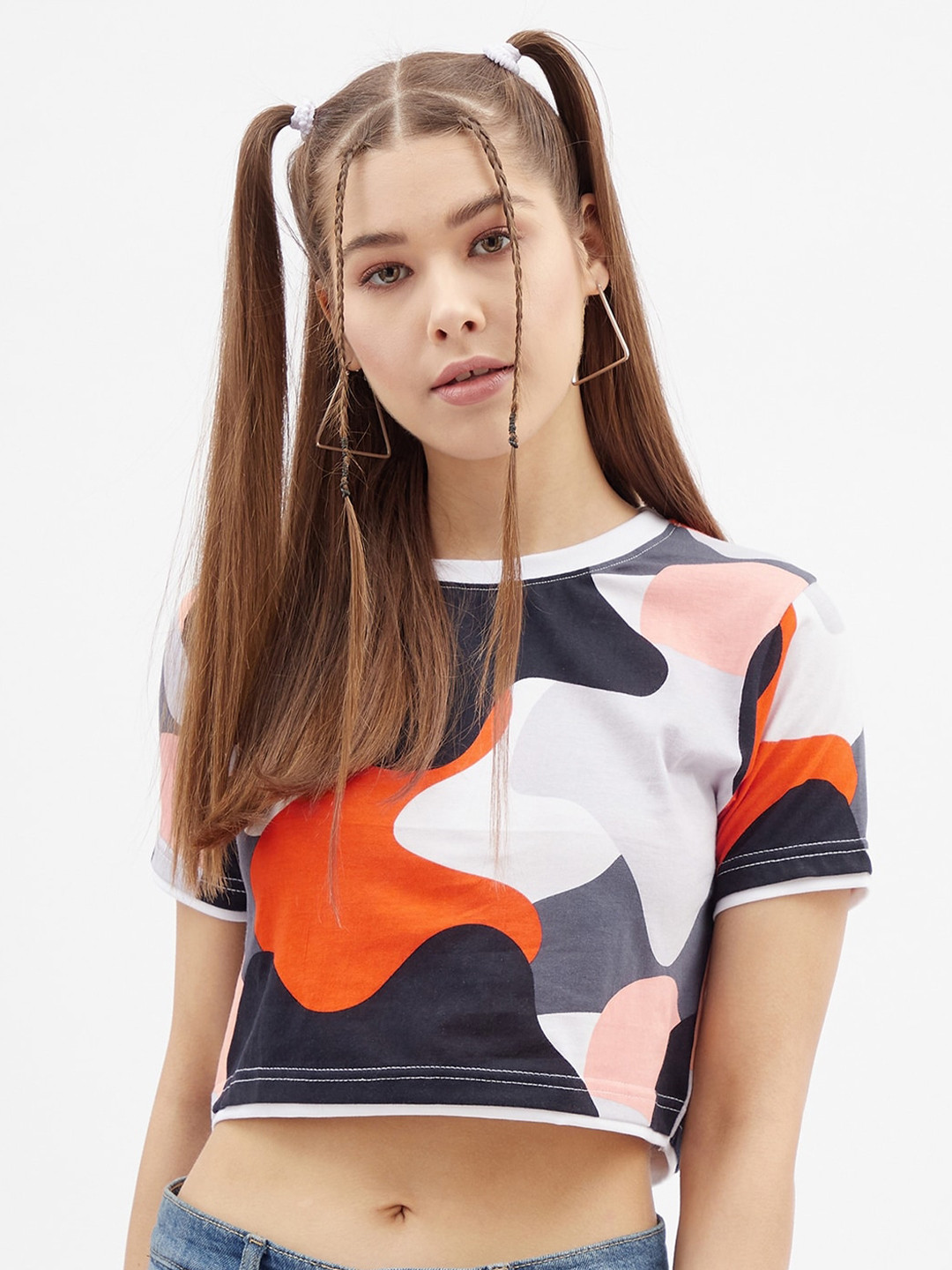 

Rodzen Women Orange & Grey Camouflage Printed Cotton Crop T-shirt