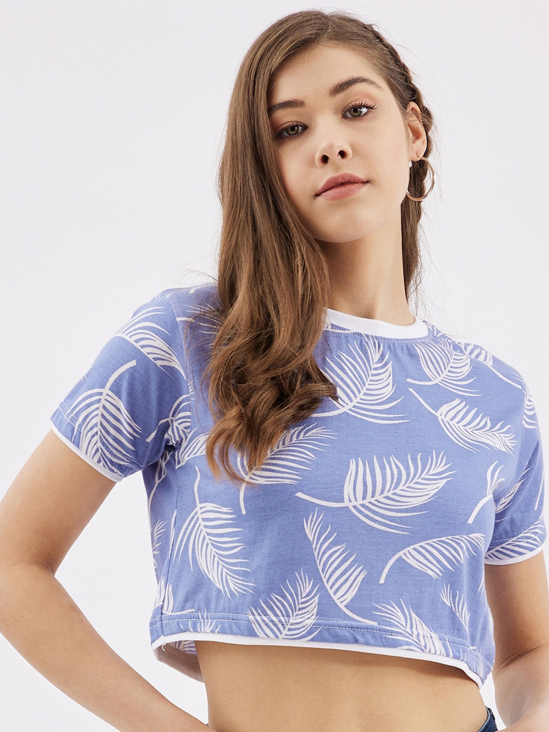 

Rodzen Women Purple Floral Printed Cotton Crop T-shirt