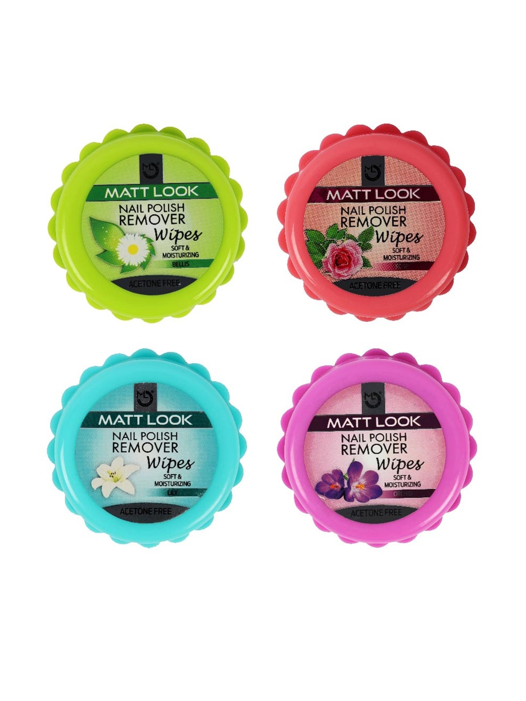 

MATTLOOK Set of 4 Soft Moisturizing Nail Polish Remover Wipes Rose-Bellis-Lily & Orchid, Multi