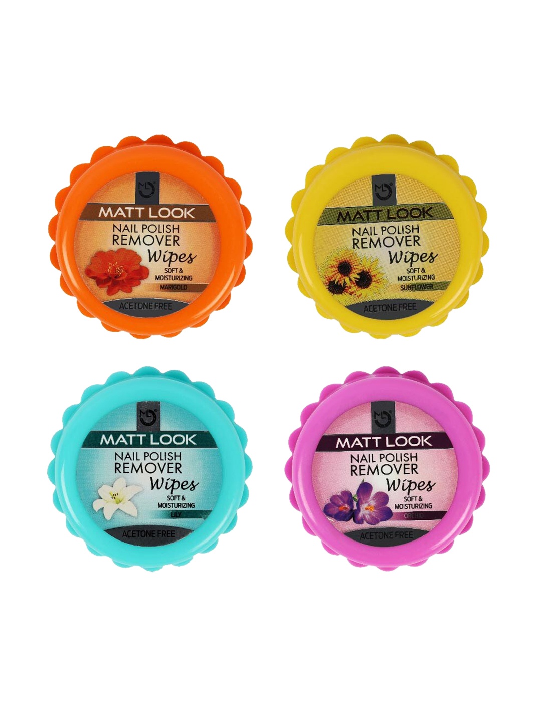 

MATTLOOK Set of 4 Soft Nail Polish Remover Wipes Marigold-Sunflower-Lily & Orchid, Multi