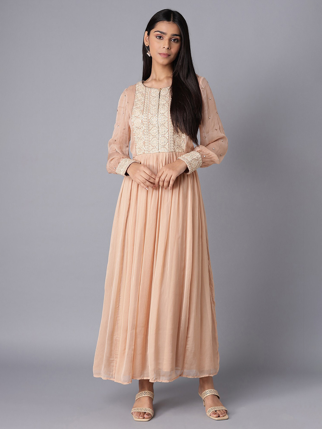 

WISHFUL Pink & Cream-Coloured Ethnic Motifs Ethnic Maxi Dress