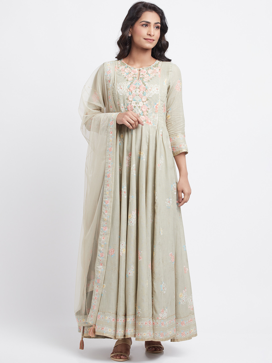 

W Beige Ethnic Maxi Dress with Dupatta
