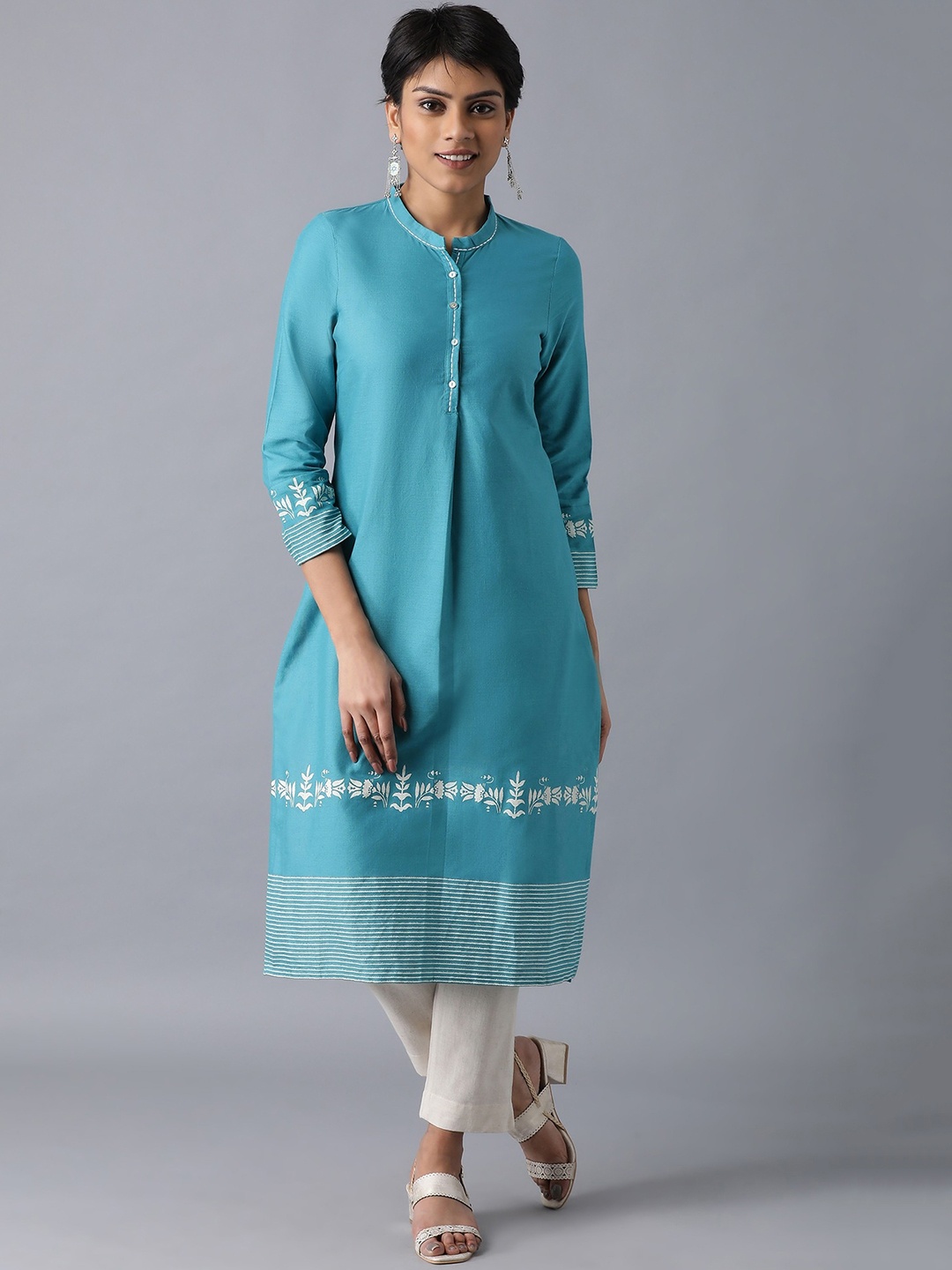 W Women W Straight Cotton Kurta, Teal