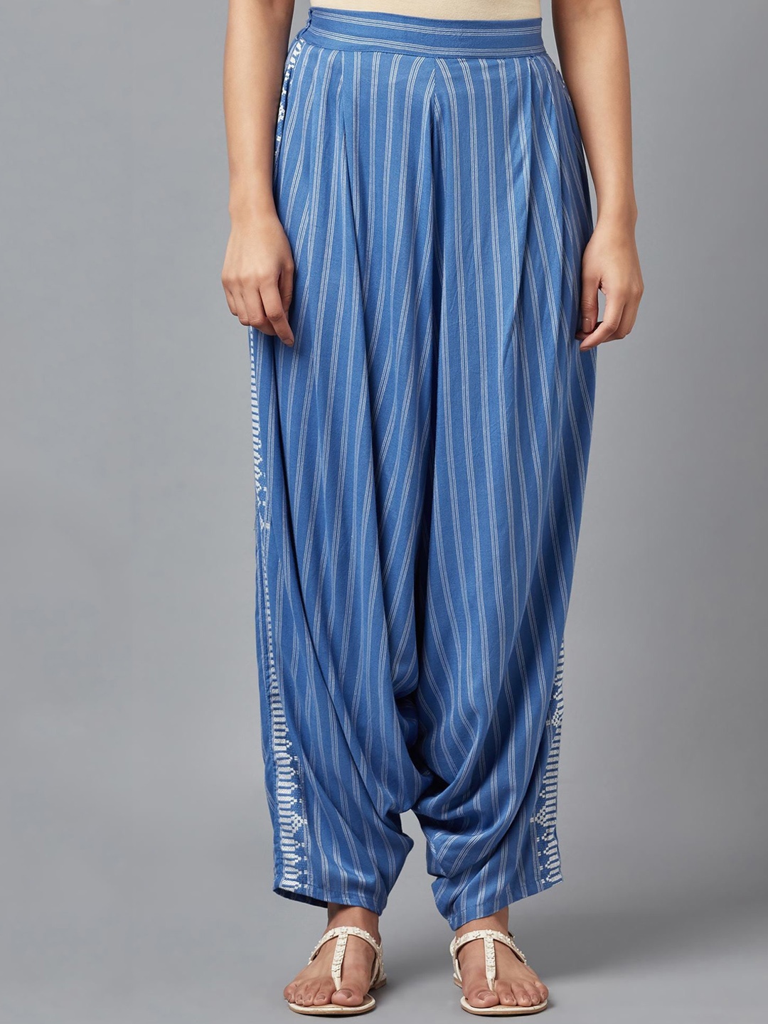 

W Women Blue & White Loose Fit Striped Cotton Linen Drop Crotch Trousers