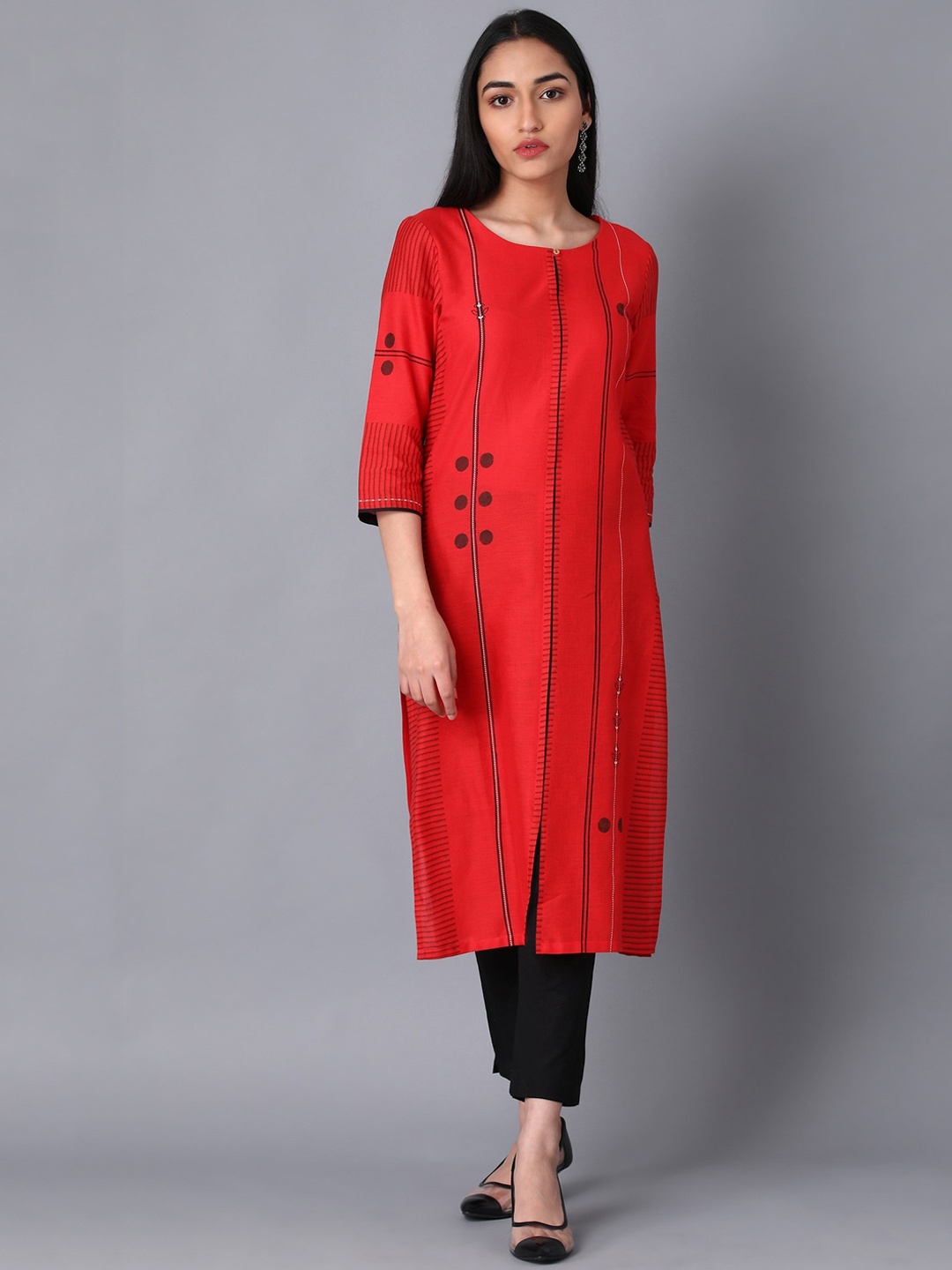 

W Geometric Print Cotton Blend Straight Kurta, Red